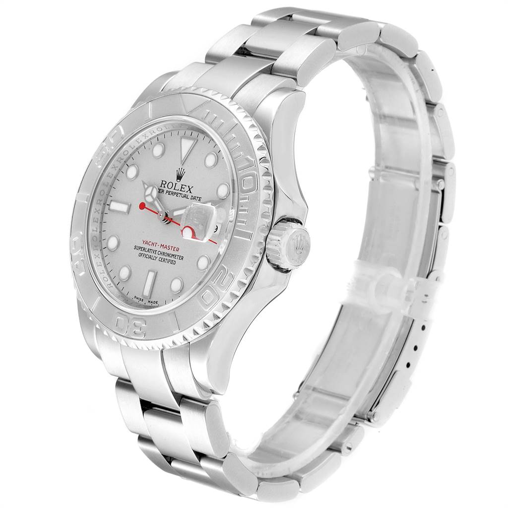 This image shows a side view of a Rolex Yacht-Master 16622 Men
s Stainless Steel Silver Dial 16622 Men
s Stainless Steel Silver Dial watch, highlighting its dial, bezel, and bracelet.