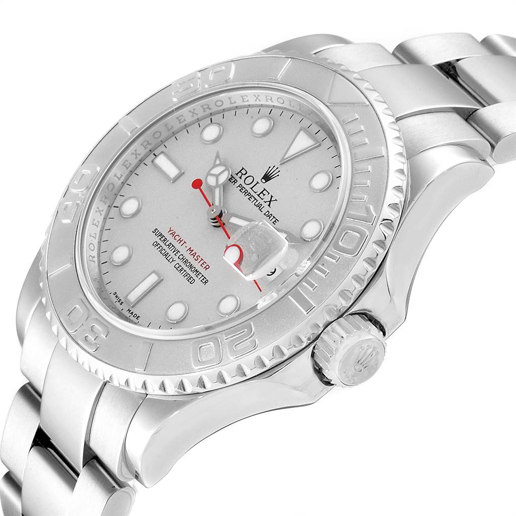 The Rolex Yacht-Master 16622 Men
s Stainless Steel Silver Dial 16622 Men
s Stainless Steel Silver Dial is shown at a side angle, displaying the face, bezel, crown, and part of the bracelet.