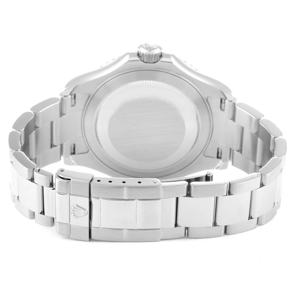 This image shows the back view of a Rolex Yacht-Master 16622 Men
s Stainless Steel Silver Dial 16622 Men
s Stainless Steel Silver Dial watch, highlighting its bracelet and clasp.