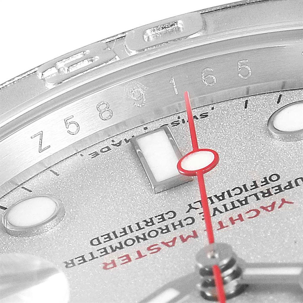 This close-up shows the dial and part of the case of a Rolex Yacht-Master 16622 Men
s Stainless Steel Silver Dial 16622 Men
s Stainless Steel Silver Dial watch, focusing on the red second hand and hour markers.