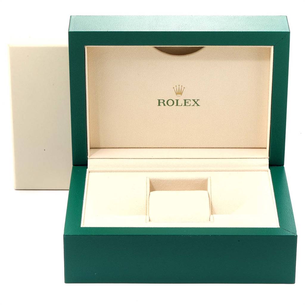 The image shows an open Rolex Yacht-Master 116655 Men's Rose Gold Black Dial 116655 Men's Rose Gold Black Dial watch box with green exterior and beige interior.