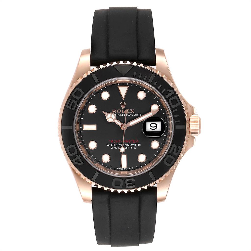 This image shows the Rolex Yacht-Master 116655 Men's Rose Gold Black Dial 116655 Men's Rose Gold Black Dial watch from a front angle, displaying its dial, bezel, and black band.
