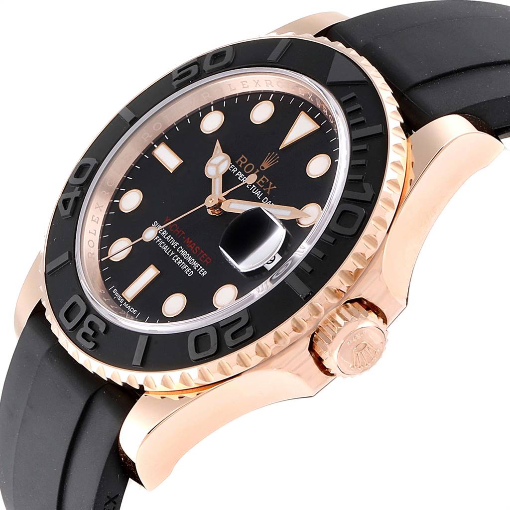 This image shows the Yacht-Master by Rolex at an angle highlighting its black dial, bezel, crown, and rubber strap.