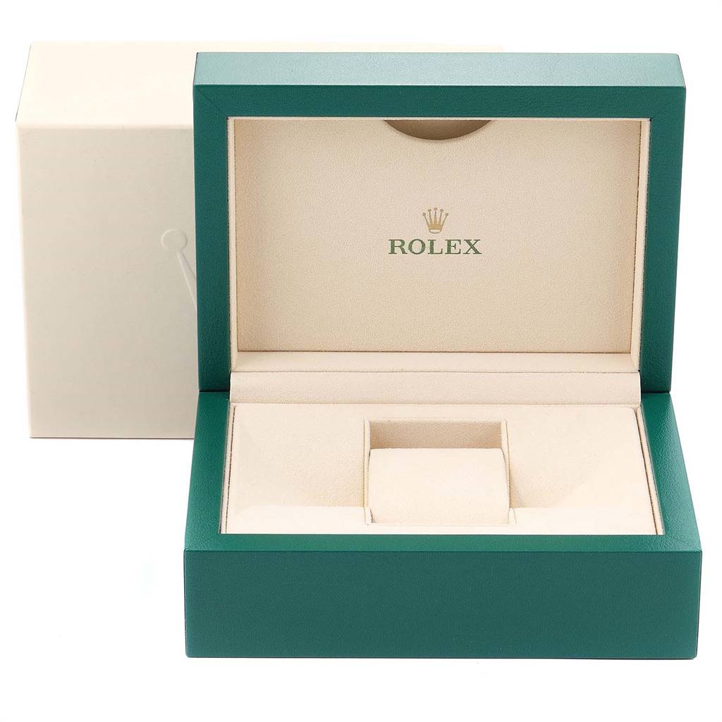 The image shows an open green and beige presentation box for a Rolex Yacht-Master 116681 Men's Steel and Gold (two tone) White Dial 116681 Men's Steel and Gold (two tone) White Dial watch, viewed from the front.
