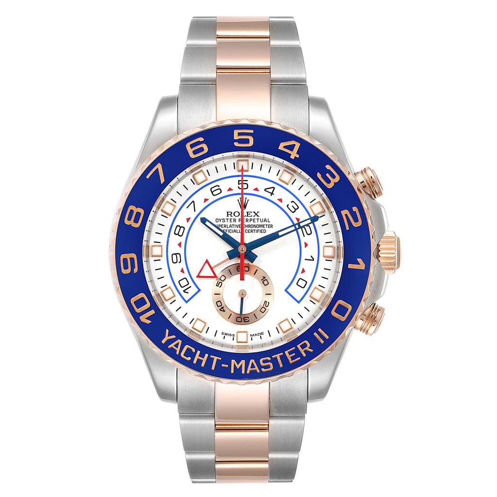 This image shows the front view of the Rolex Yacht-Master 116681 Men's Steel and Gold (two tone) White Dial 116681 Men's Steel and Gold (two tone) White Dial II watch, displaying its dial, bezel, and bracelet.
