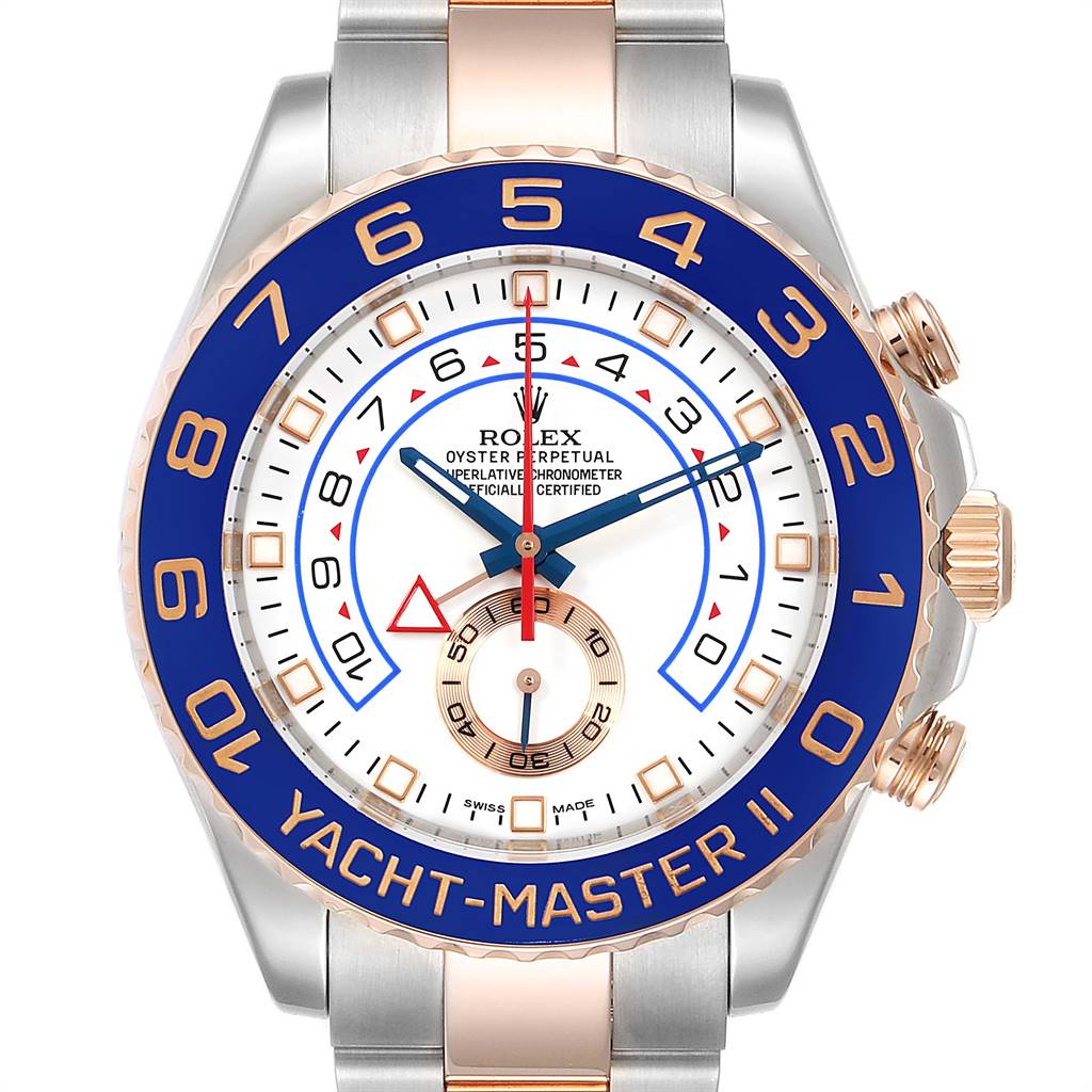 The image shows a close-up view of the Rolex Yacht-Master 116681 Men's Steel and Gold (two tone) White Dial 116681 Men's Steel and Gold (two tone) White Dial II watch face and bezel, highlighting its blue and gold details.