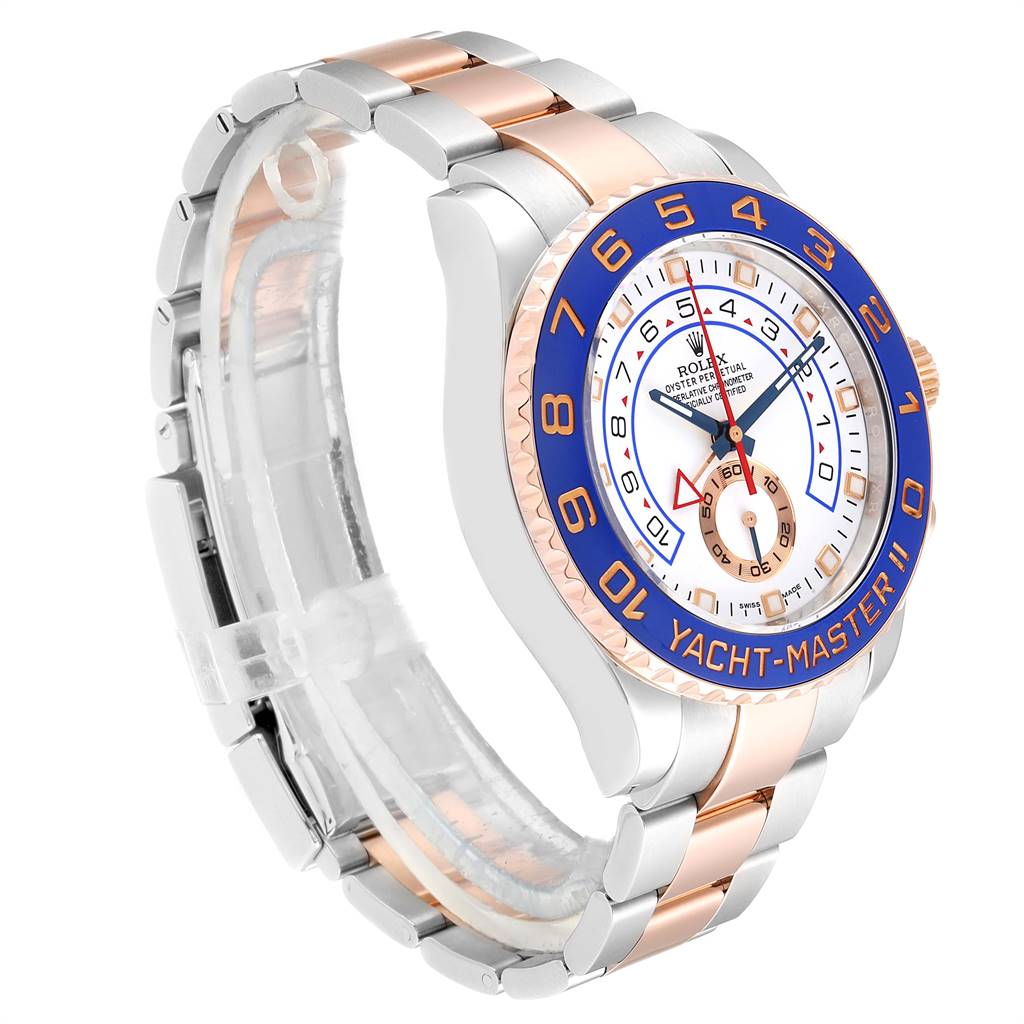 This image shows an angled view of the Rolex Yacht-Master 116681 Men's Steel and Gold (two tone) White Dial 116681 Men's Steel and Gold (two tone) White Dial II watch, displaying its face, bezel, and two-tone bracelet.