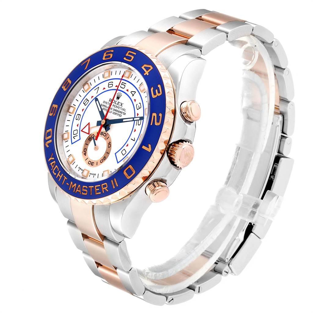 The image shows a Rolex Yacht-Master 116681 Men's Steel and Gold (two tone) White Dial 116681 Men's Steel and Gold (two tone) White Dial II watch from an oblique angle, highlighting its face, bezel, crown, and part of the bracelet.