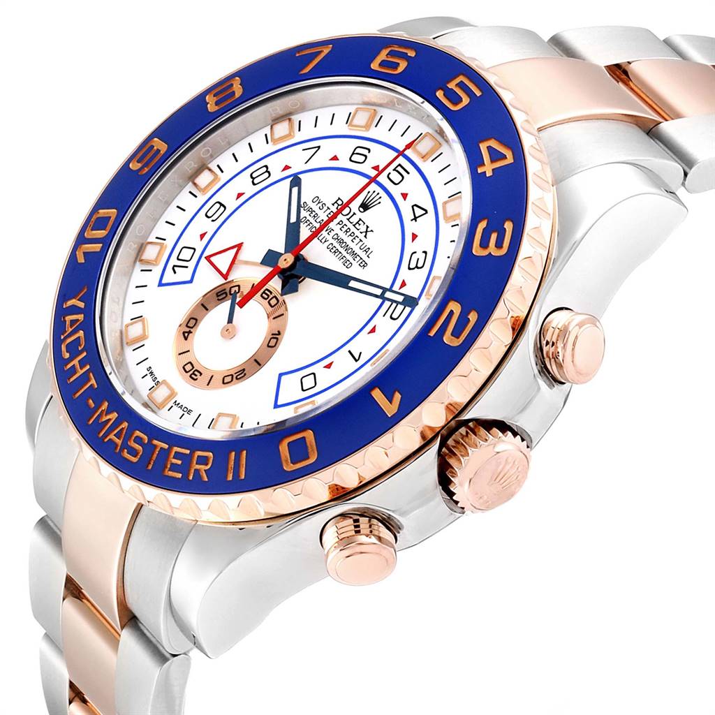 The image shows a Rolex Yacht-Master 116681 Men's Steel and Gold (two tone) White Dial 116681 Men's Steel and Gold (two tone) White Dial II watch from a close-up side angle, highlighting the bezel, crown, pushers, and part of the bracelet.