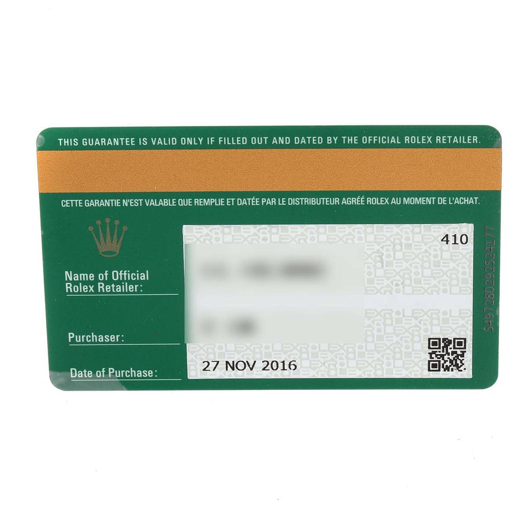 This image shows a warranty card of the Rolex Yacht-Master 116622 Men
s Stainless Steel Grey Dial 116622 Men
s Stainless Steel Grey Dial model, featuring purchase details and retailer information.