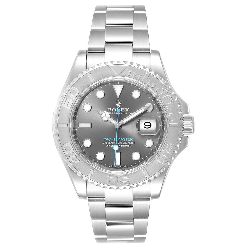 The Rolex Yacht-Master 116622 Men
s Stainless Steel Grey Dial 116622 Men
s Stainless Steel Grey Dial watch is shown from a front angle, displaying its dial, hands, bezel, and bracelet.