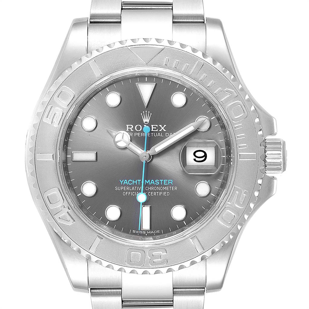 The image shows a top-down view of a Rolex Yacht-Master 116622 Men
s Stainless Steel Grey Dial 116622 Men
s Stainless Steel Grey Dial watch, highlighting the dial, bezel, hands, and date window.