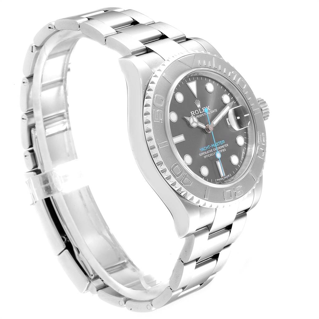The image shows a Rolex Yacht-Master 116622 Men
s Stainless Steel Grey Dial 116622 Men
s Stainless Steel Grey Dial watch at a three-quarter angle, highlighting the bezel, dial, and bracelet.