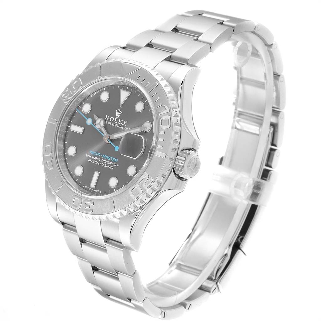 The Rolex Yacht-Master 116622 Men
s Stainless Steel Grey Dial 116622 Men
s Stainless Steel Grey Dial watch is shown from a front-angle perspective, highlighting its face, bezel, and bracelet.