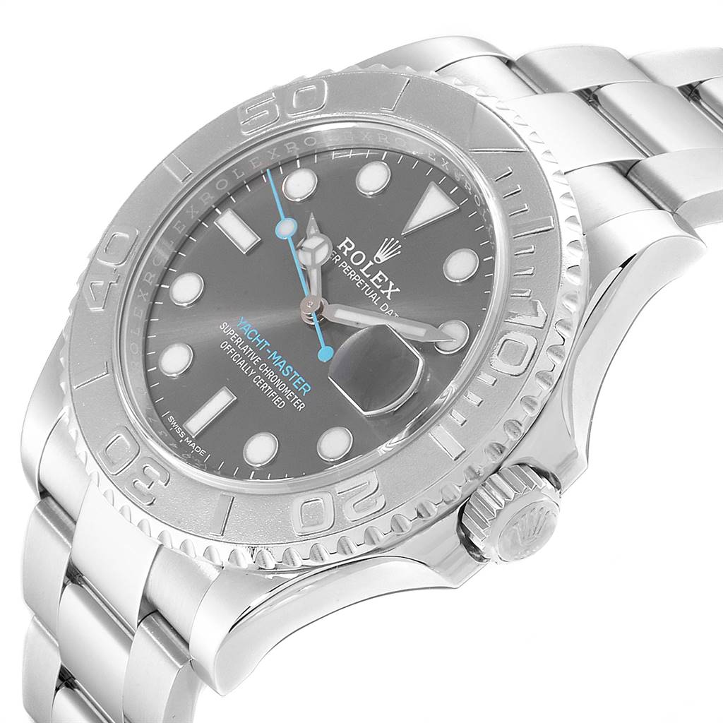 The image shows a side angle of the Rolex Yacht-Master 116622 Men
s Stainless Steel Grey Dial 116622 Men
s Stainless Steel Grey Dial watch, highlighting the dial, bezel, crown, and bracelet.