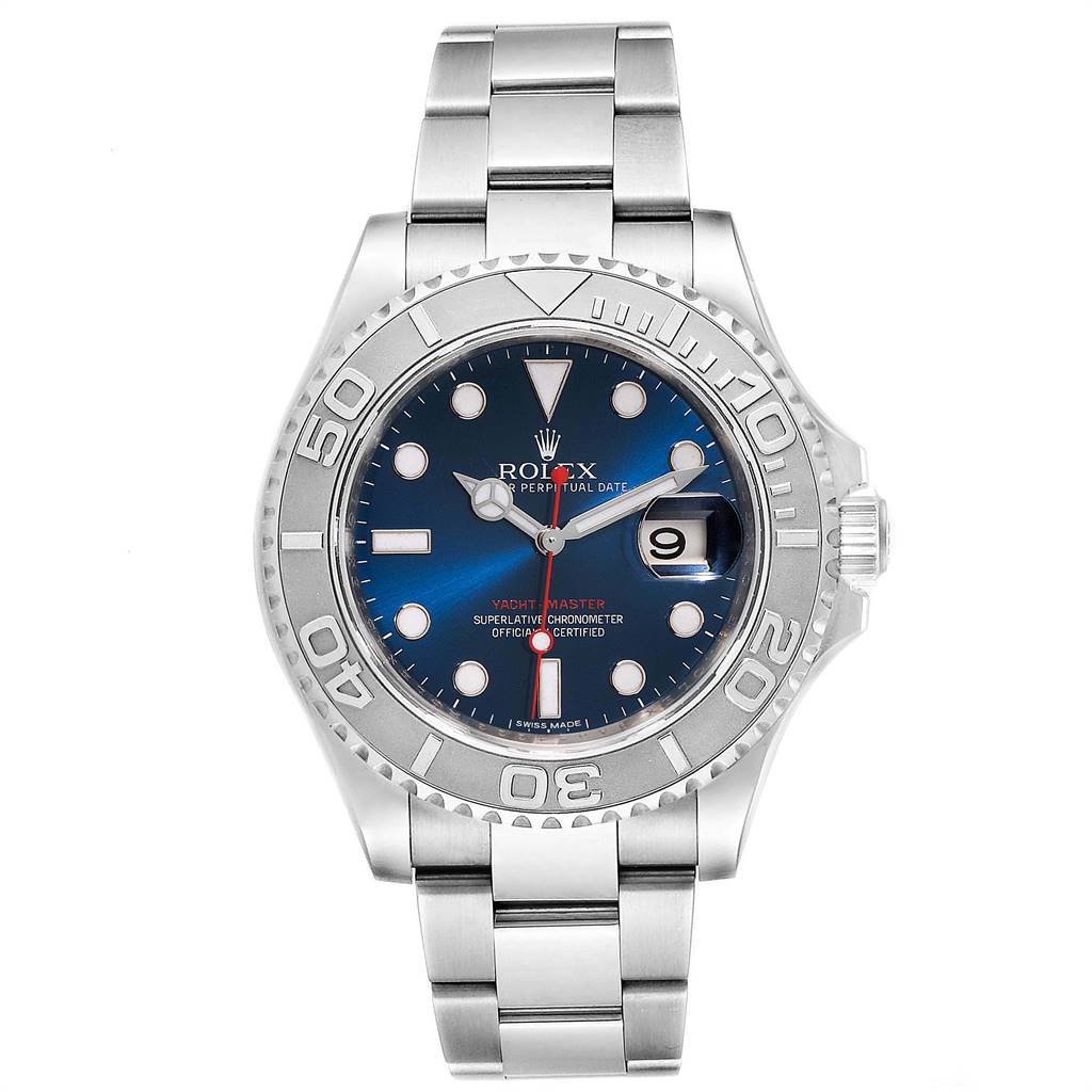 The image shows a front view of a Rolex Yacht-Master 116622 Men
s Stainless Steel Blue Dial 116622 Men
s Stainless Steel Blue Dial watch, highlighting its blue dial, stainless steel case, and bracelet.
