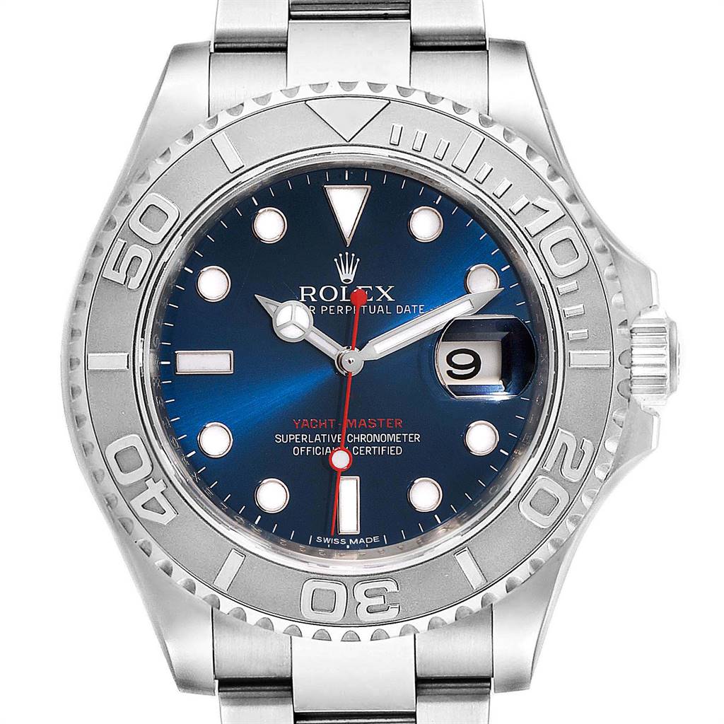 The image shows a front view of the Rolex Yacht-Master 116622 Men
s Stainless Steel Blue Dial 116622 Men
s Stainless Steel Blue Dial watch, highlighting its blue dial, silver bezel, and stainless steel bracelet.