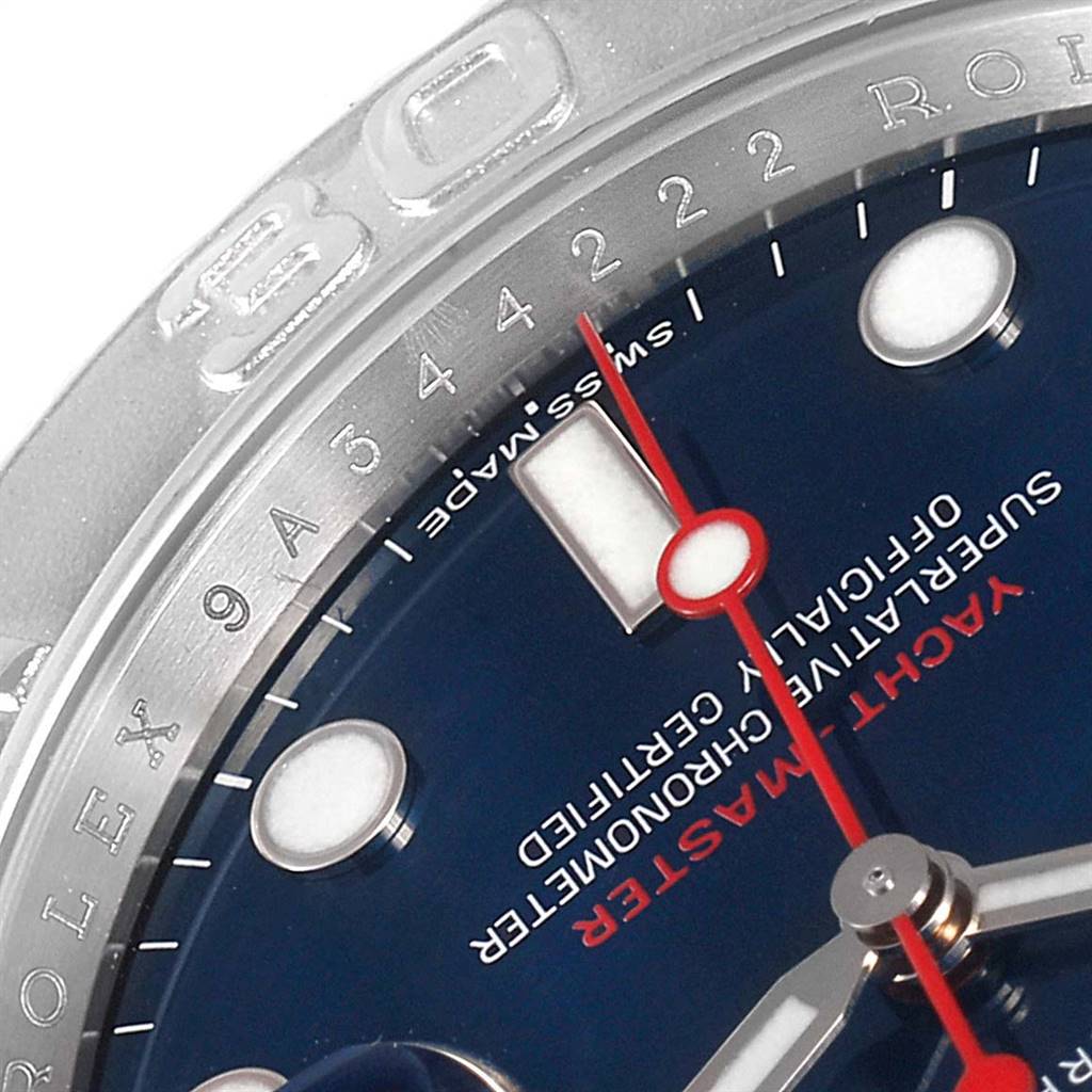 This close-up angle shows the bezel, markers, and second hand of the Rolex Yacht-Master 116622 Men
s Stainless Steel Blue Dial 116622 Men
s Stainless Steel Blue Dial watch.