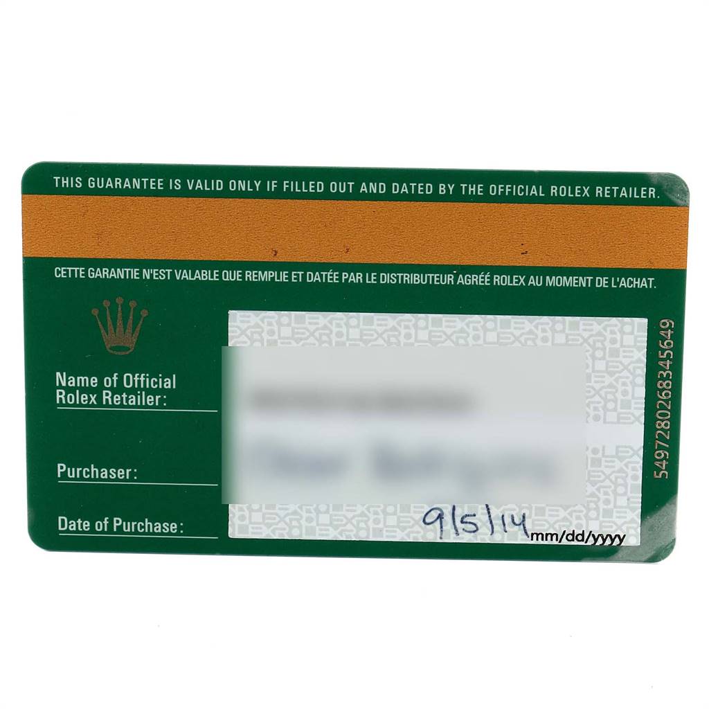 The image shows a warranty card for a Rolex Yacht-Master 116622 Men
s Stainless Steel Blue Dial 116622 Men
s Stainless Steel Blue Dial model, including spaces for the retailer
s name, purchaser, and date of purchase.