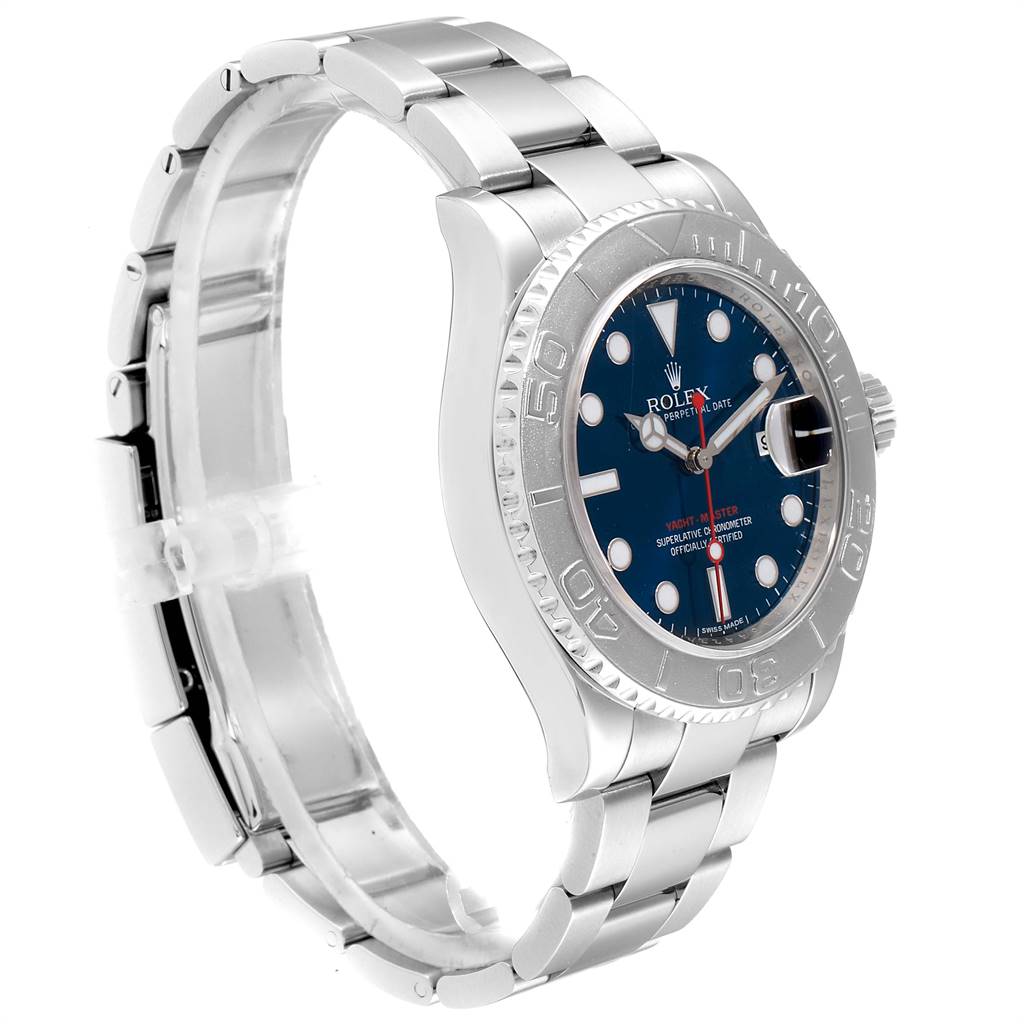 This Rolex Yacht-Master 116622 Men
s Stainless Steel Blue Dial 116622 Men
s Stainless Steel Blue Dial watch is shown at a side angle, displaying the face, bezel, bracelet, and crown.