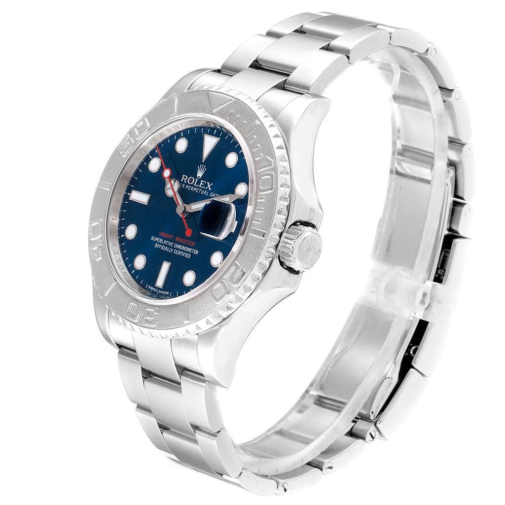 The Rolex Yacht-Master 116622 Men
s Stainless Steel Blue Dial 116622 Men
s Stainless Steel Blue Dial watch is shown at a slight angle, displaying the dial, bezel, case, and bracelet.