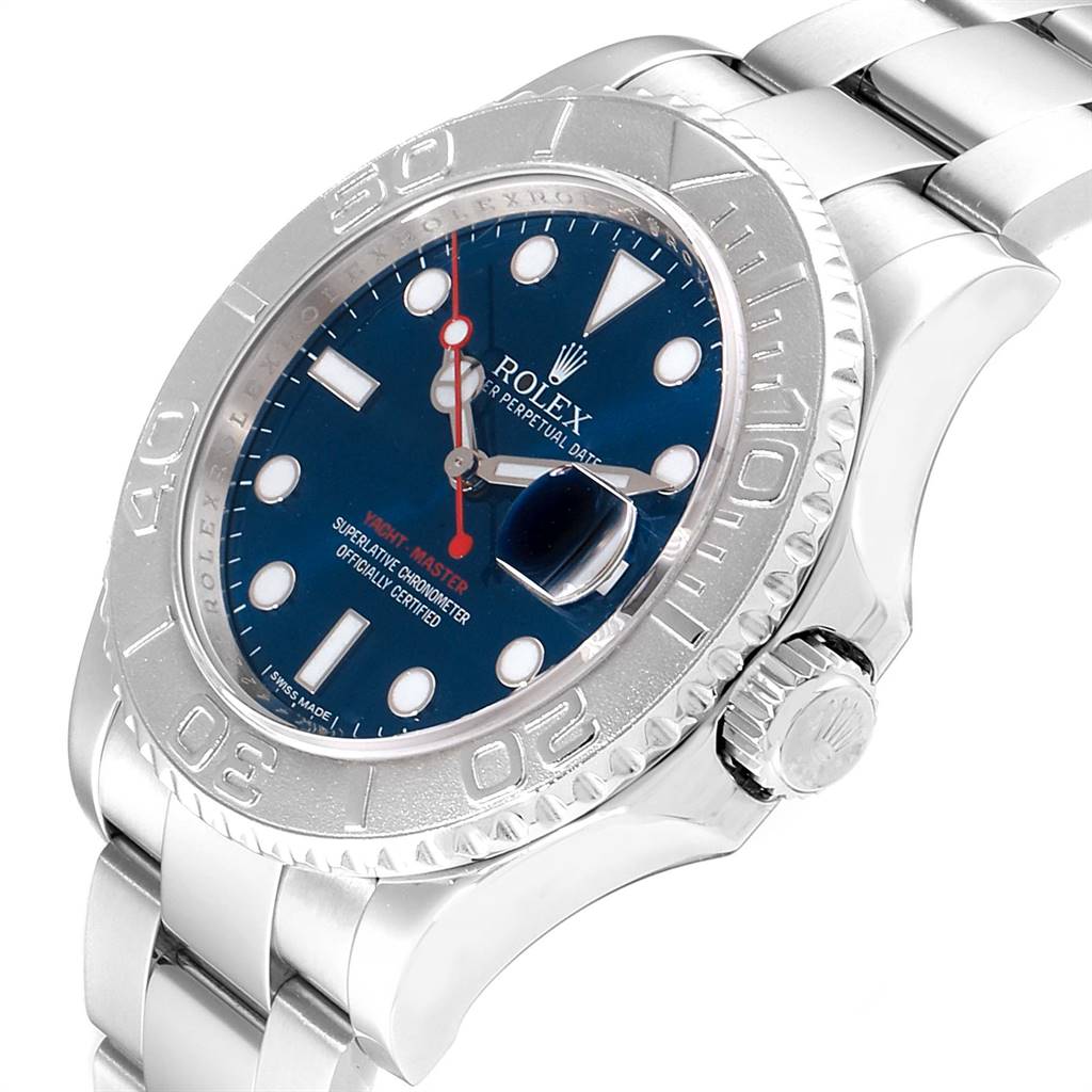 This image shows a close-up side angle of the Rolex Yacht-Master 116622 Men
s Stainless Steel Blue Dial 116622 Men
s Stainless Steel Blue Dial, highlighting the face, crown, and part of the bracelet.