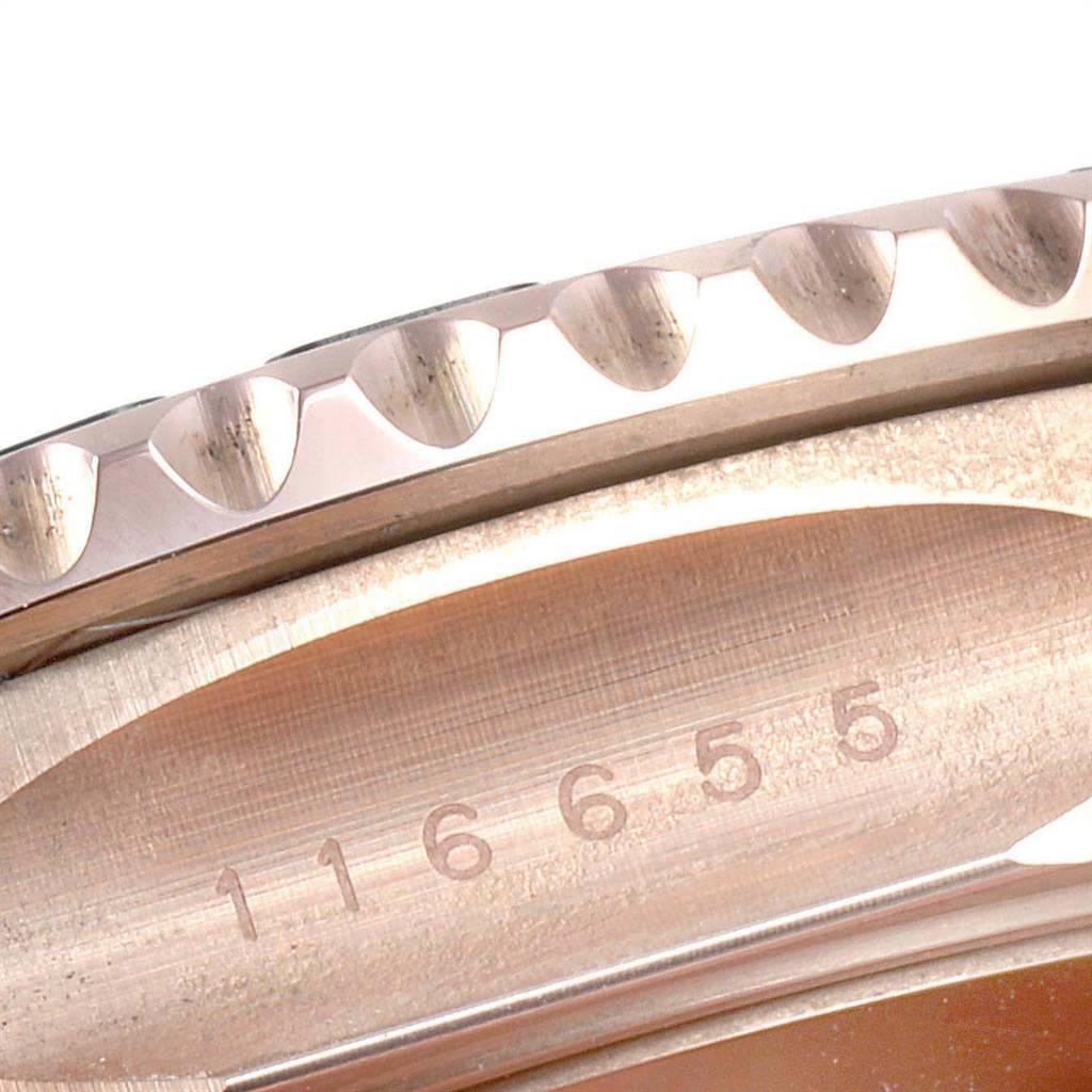 This image shows a close-up of the bezel and case of a Rolex Yacht-Master 116655 Men's Rose Gold Black Dial 116655 Men's Rose Gold Black Dial watch, featuring part of the model number "116655."