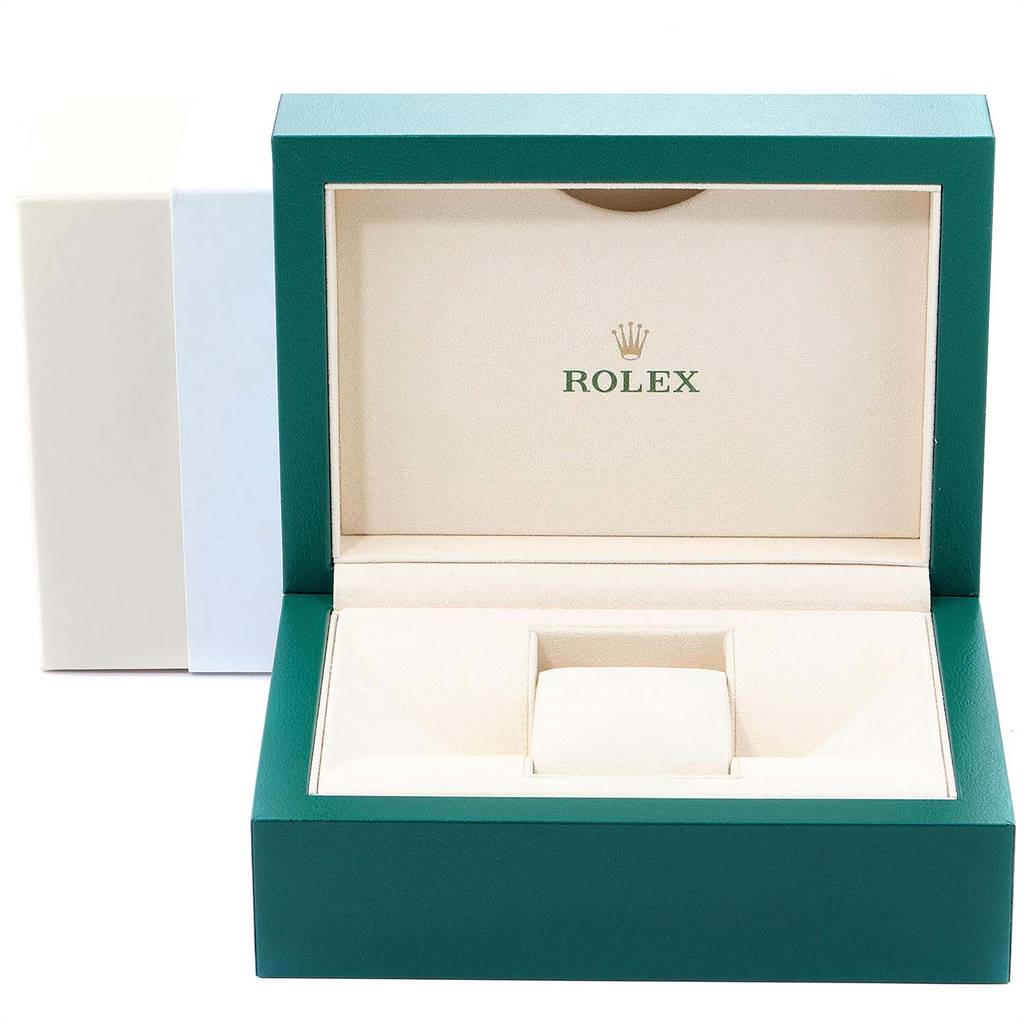 The image shows an open green and beige Rolex Yacht-Master 116655 Men's Rose Gold Black Dial 116655 Men's Rose Gold Black Dial watch box, featuring the brand's logo on the interior.