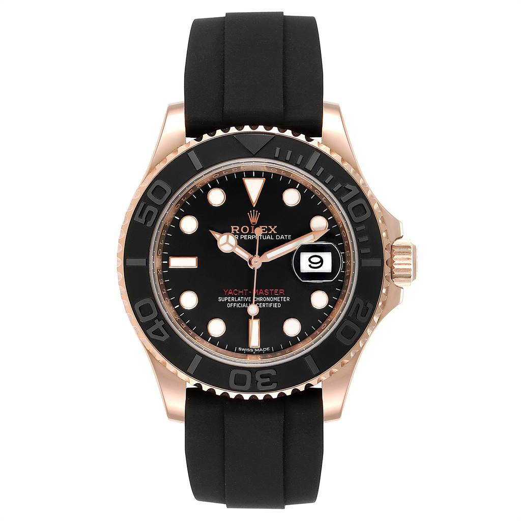 The Rolex Yacht-Master 116655 Men's Rose Gold Black Dial 116655 Men's Rose Gold Black Dial watch is shown from a front angle, highlighting its black dial, bezel, and rubber strap.
