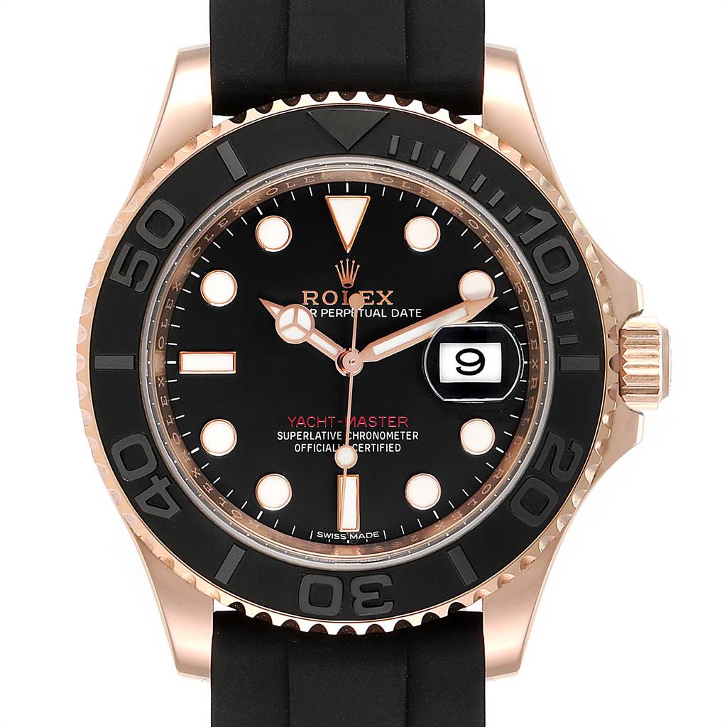 The image shows a front view of a Rolex Yacht-Master 116655 Men's Rose Gold Black Dial 116655 Men's Rose Gold Black Dial watch, highlighting its black dial, bezel, and date window.