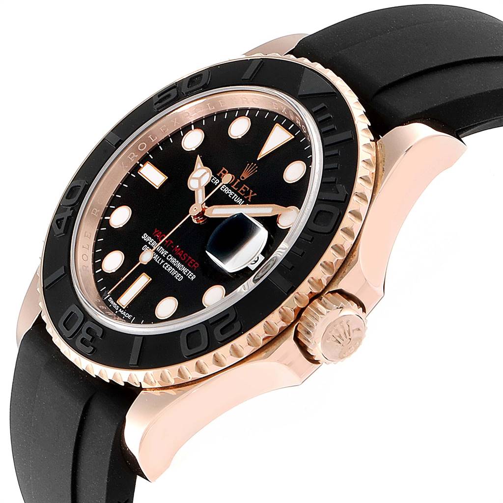 The Rolex Yacht-Master 116655 Men's Rose Gold Black Dial 116655 Men's Rose Gold Black Dial watch is shown at a side angle, highlighting the bezel, crown, and part of the band.