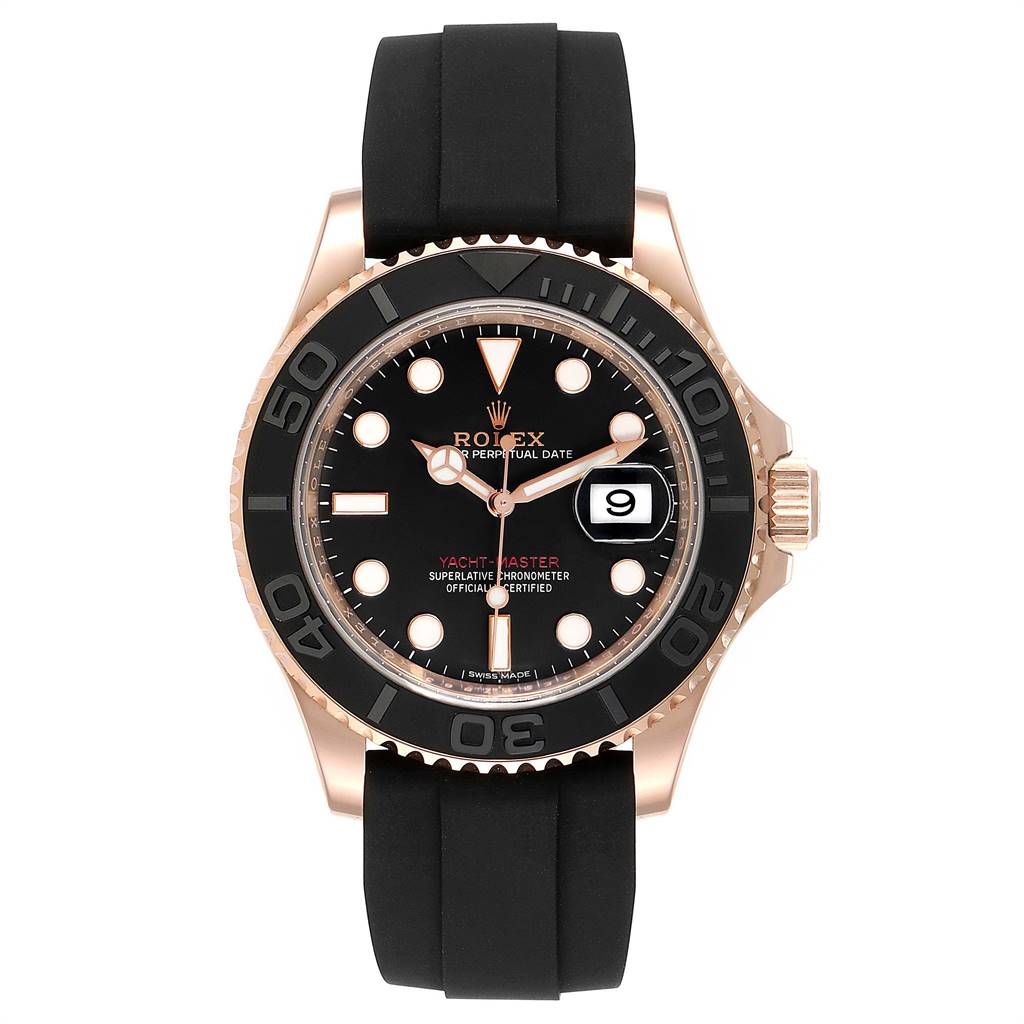 This image shows a Rolex Yacht-Master 116655 Men
s Rose Gold Black Dial 116655 Men
s Rose Gold Black Dial watch from a front view, highlighting its dial, bezel, and strap.