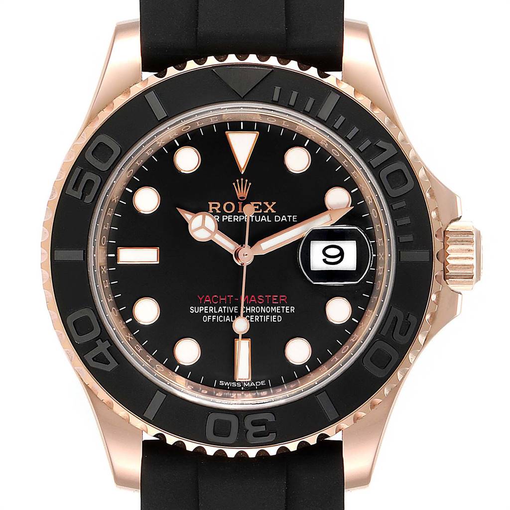 The image shows a close-up front view of the Rolex Yacht-Master 116655 Men
s Rose Gold Black Dial 116655 Men
s Rose Gold Black Dial watch, highlighting its face, bezel, and crown.