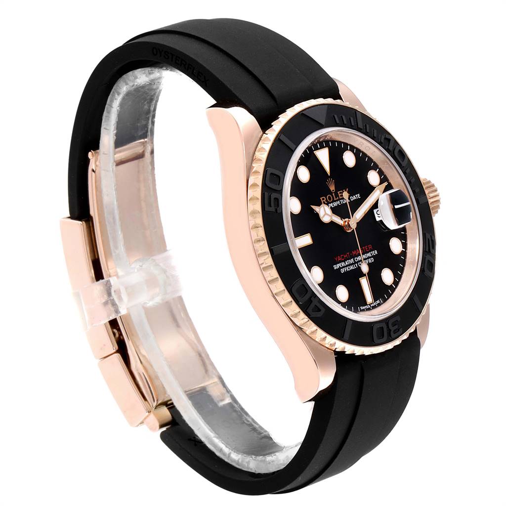 The Rolex Yacht-Master 116655 Men
s Rose Gold Black Dial 116655 Men
s Rose Gold Black Dial watch is shown at a slight side angle, displaying the bezel, dial, case, and strap.