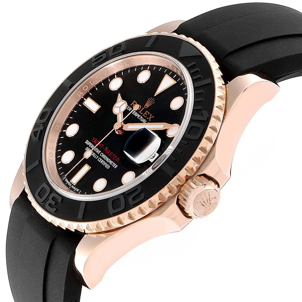 The image shows a close-up side view of a Rolex Yacht-Master 116655 Men
s Rose Gold Black Dial 116655 Men
s Rose Gold Black Dial watch, highlighting its bezel, crown, and part of the strap.