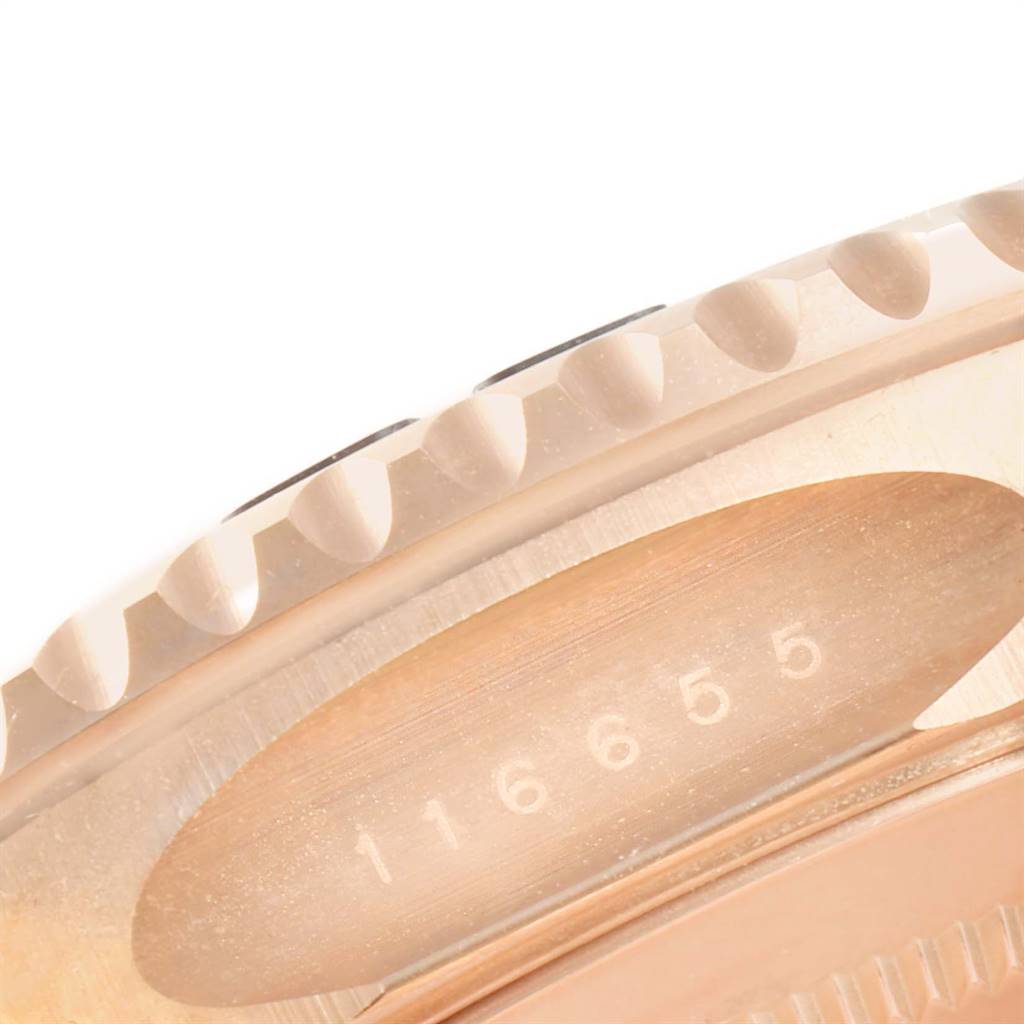 The image shows a close-up of the edge of the bezel and part of the case with the model number of a Rolex Yacht-Master 116655 Men
s Rose Gold Black Dial 116655 Men
s Rose Gold Black Dial watch.