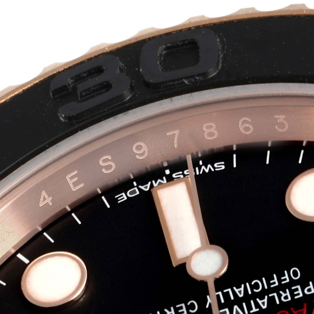 This close-up shows the bezel and part of the dial of the Rolex Yacht-Master 116655 Men
s Rose Gold Black Dial 116655 Men
s Rose Gold Black Dial watch.