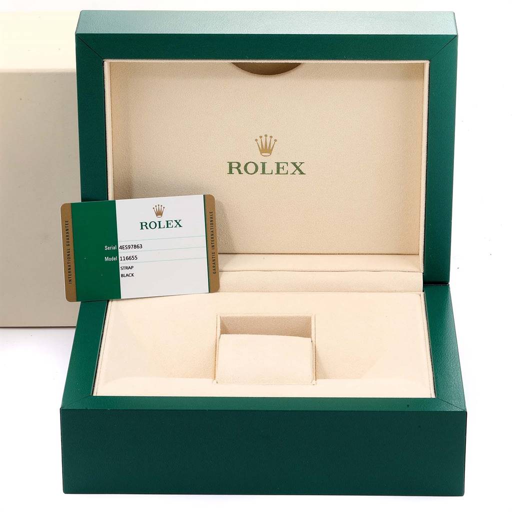 This image shows an empty Rolex Yacht-Master 116655 Men
s Rose Gold Black Dial 116655 Men
s Rose Gold Black Dial watch box with the watch card included.