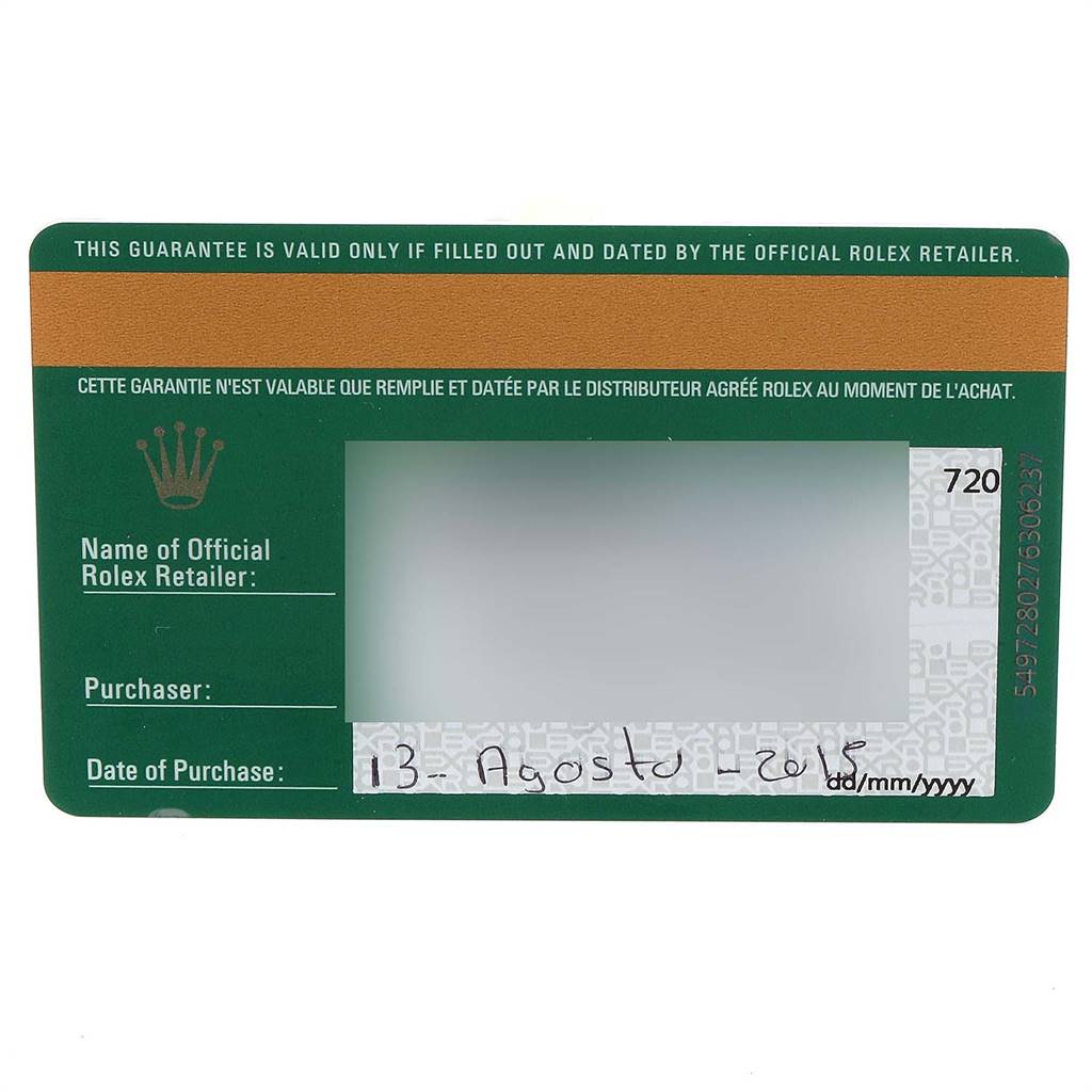 This image shows the official guarantee card for a Rolex Yacht-Master 116655 Men
s Rose Gold Black Dial 116655 Men
s Rose Gold Black Dial watch, detailing the date of purchase as 13th August 2015.