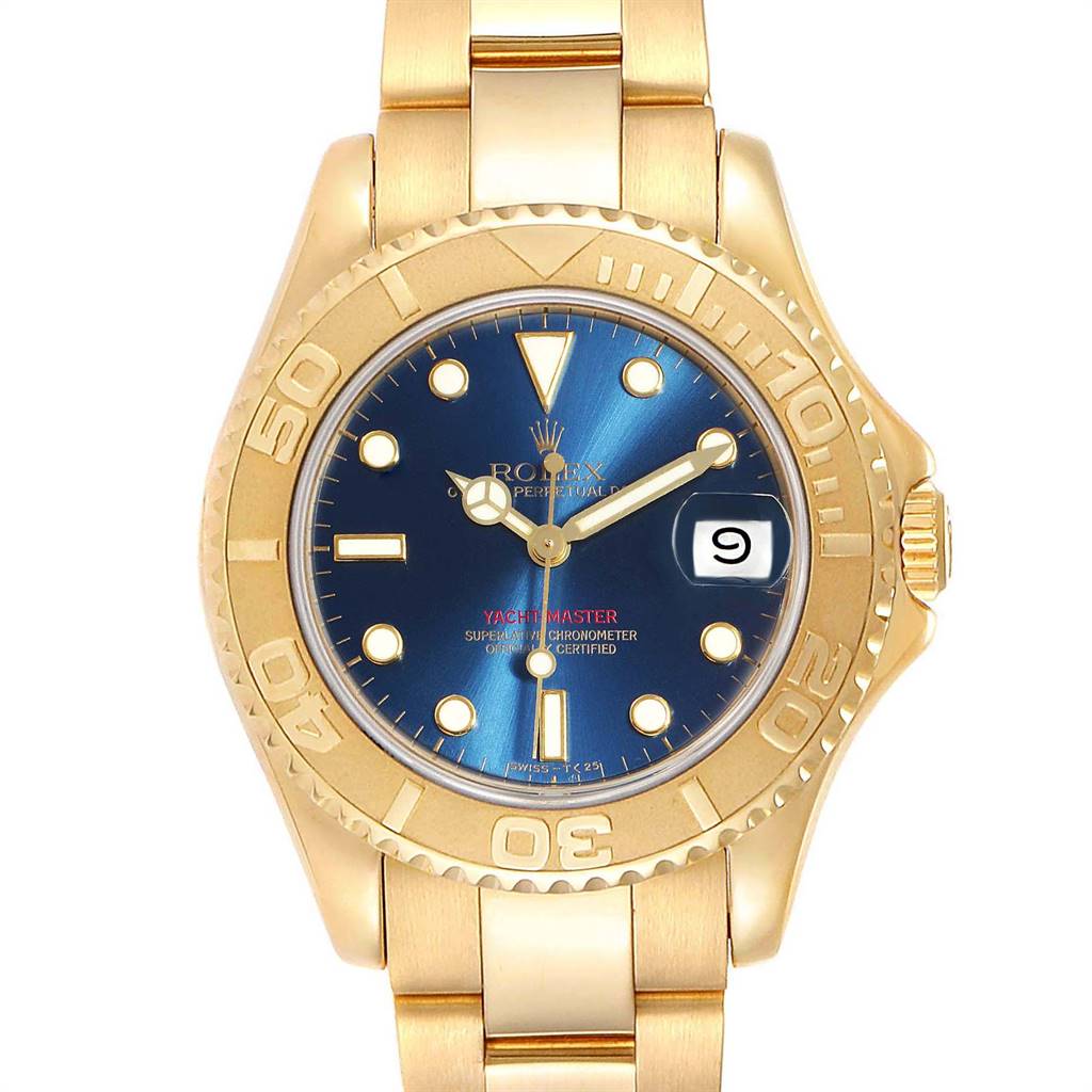 The image shows a front view of the Rolex Yacht-Master 68628 Yellow Gold Blue Dial 68628 Yellow Gold Blue Dial watch, featuring a gold case, blue dial, and gold bracelet.
