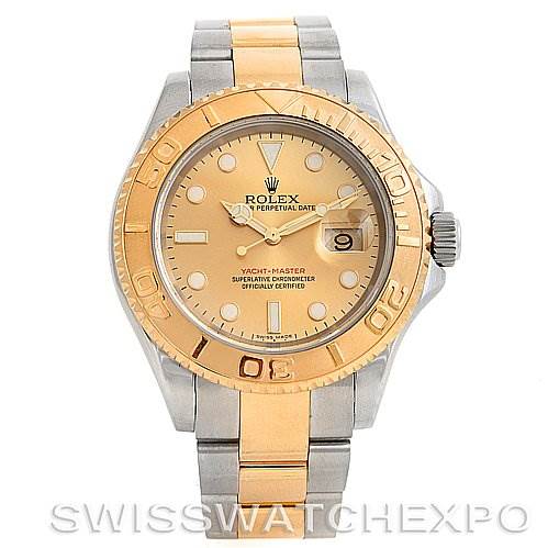 This image shows a front view of a Rolex Yacht-Master 16623 Men's Stainless Steel Champagne Dial 16623 Men's Stainless Steel Champagne Dial watch, displaying the dial, bezel, case, bracelet, and crown.