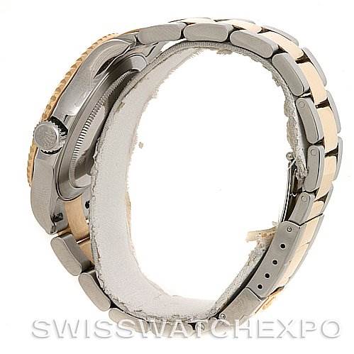 This image shows a side view of the Rolex Yacht-Master 16623 Men's Stainless Steel Champagne Dial 16623 Men's Stainless Steel Champagne Dial watch, highlighting its crown, bezel, and bracelet.