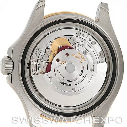 The image shows the back view of a Rolex Yacht-Master 16623 Men's Stainless Steel Champagne Dial 16623 Men's Stainless Steel Champagne Dial watch, revealing its internal movement components.