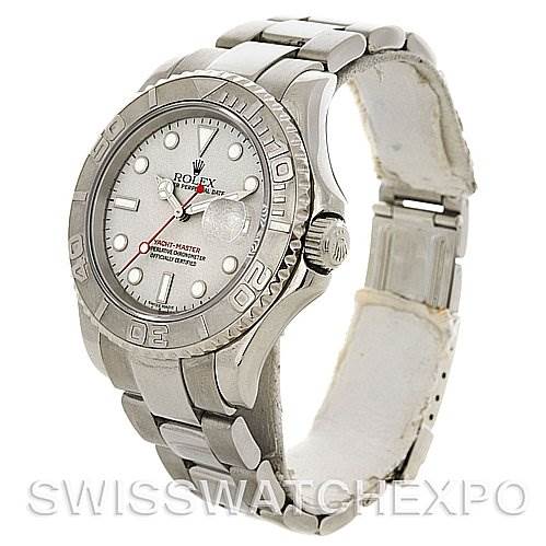 The Rolex Yacht-Master 16622 Men's Stainless Steel Silver Dial 16622 Men's Stainless Steel Silver Dial watch is shown at a three-quarter angle, displaying the face, bezel, crown, and bracelet.