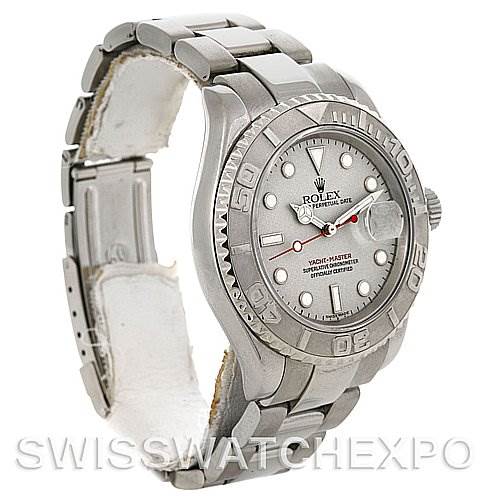 This image shows a Rolex Yacht-Master 16622 Men's Stainless Steel Silver Dial 16622 Men's Stainless Steel Silver Dial watch at an angle highlighting its face, bezel, and part of the bracelet.