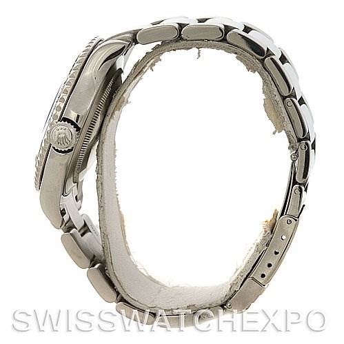 The image shows a side view of a Rolex Yacht-Master 16622 Men's Stainless Steel Silver Dial 16622 Men's Stainless Steel Silver Dial watch, highlighting the crown, bezel, and bracelet.