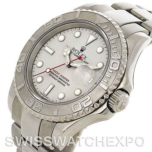 The image shows a close-up of the Rolex Yacht-Master 16622 Men's Stainless Steel Silver Dial 16622 Men's Stainless Steel Silver Dial watch focusing on the dial, bezel, and part of the bracelet from a front angle.