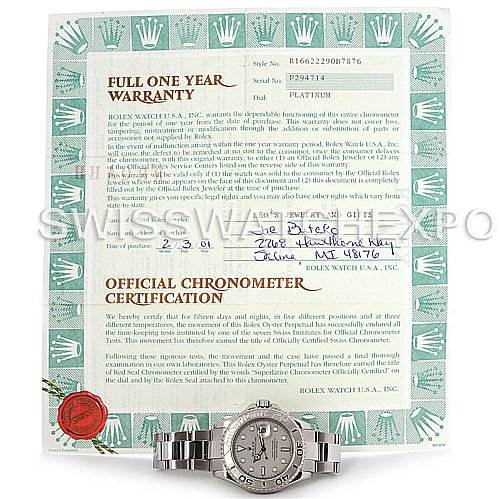 The image shows a front view of a Rolex Yacht-Master 16622 Men's Stainless Steel Silver Dial 16622 Men's Stainless Steel Silver Dial watch placed below its warranty and chronometer certification.