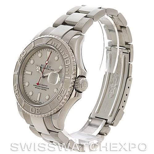 This image shows a Rolex Yacht-Master 16622 Men's Stainless Steel Silver Dial 16622 Men's Stainless Steel Silver Dial watch from a three-quarter side angle highlighting the dial, bezel, and bracelet.