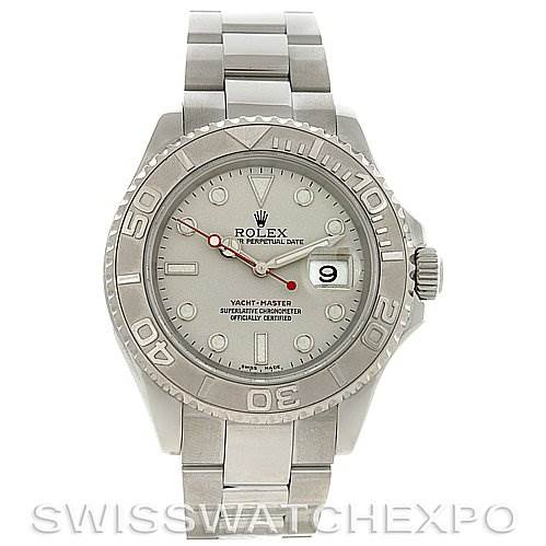 The image shows a front view of a Rolex Yacht-Master 16622 Men's Stainless Steel Silver Dial 16622 Men's Stainless Steel Silver Dial watch, displaying its dial, bezel, hands, crown, and bracelet.